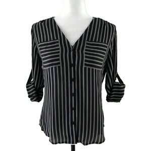 EXPRESS Roll Up Sleeve Blouse Top Size XS Black White Striped V Neck